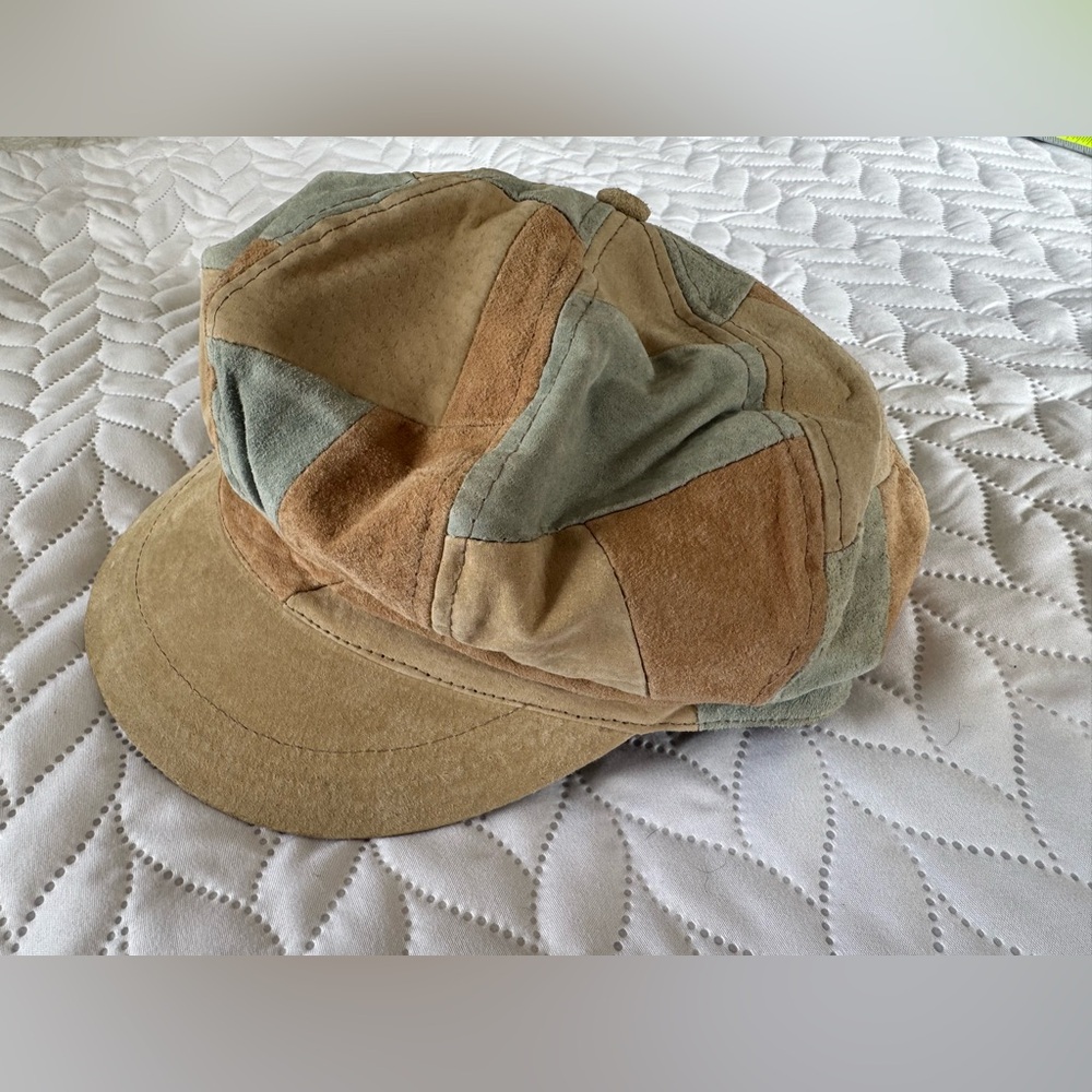 Vintage suede Patchwork Beige Blue Women's Hat pageboy - Picture 6 of 10
